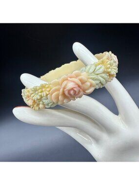 Vintage Carved Celluloid Floral Bangle Bracelet Pastel Roses Daisy Flowers Retro